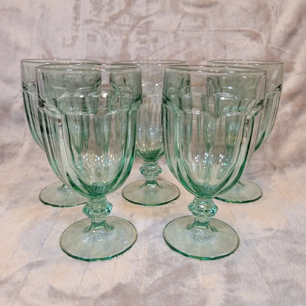 VTG Libbey Duratuff Goblets Set‎ of 5 Spanish Green Paneled Iced Tea Glass 12oz
